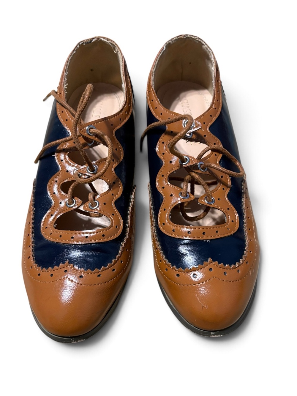 Chase + Chloe Two-Tone Navy and Brown Brogue Flats